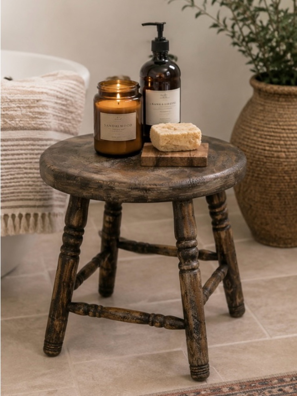 Round Turned-Leg Rustic Brown Wooden Accent Stool - Black Brown Color Distressed
